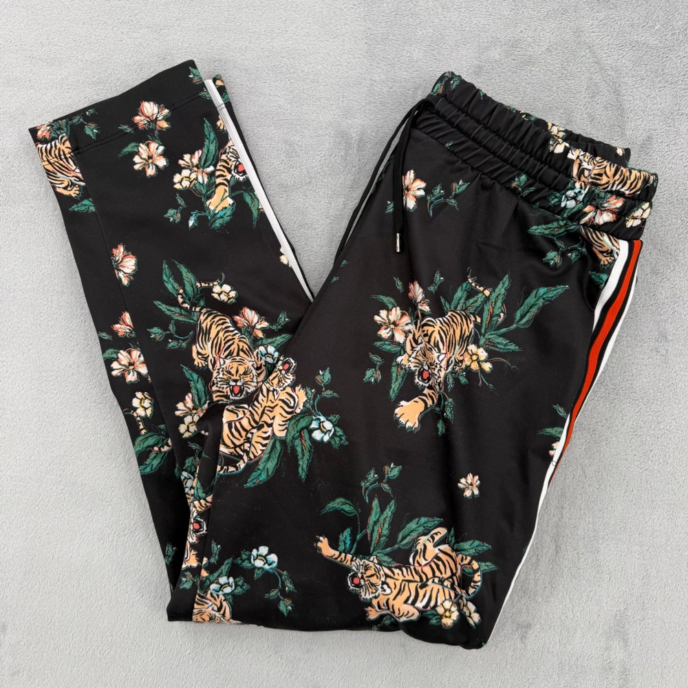 Zara Man Tiger Floral Print Joggers Black Orange Side Stripe Track Pants Size L